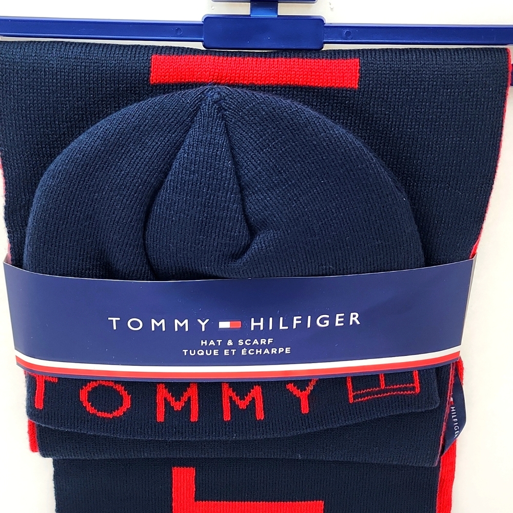 TOMMY HILFIGER HAT & SCARF, NAVY BLUE & RED - Picture 2 of 8